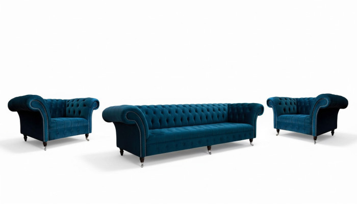 Set divano Chesterfield blu con rivestimento in tessuto set di divani a 3 posti + 1 posto + 1 posto.