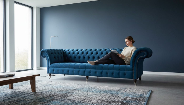 Design del lussuoso divano Chesterfield a 4 posti, divano imbottito in blu.