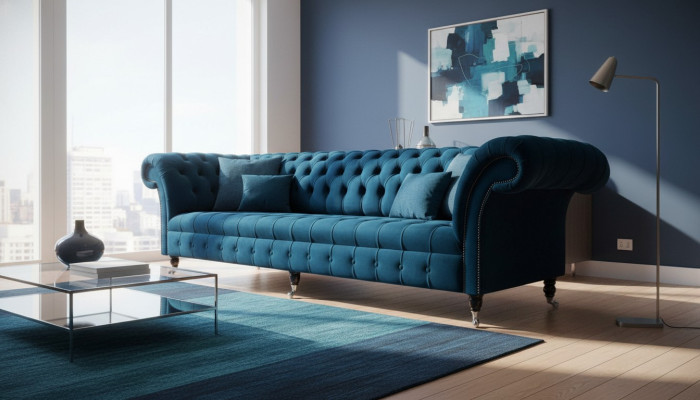 Design del lussuoso divano Chesterfield a 4 posti, divano imbottito in blu.