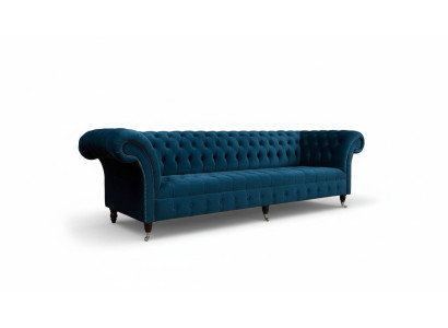 Design del lussuoso divano Chesterfield a 4 posti, divano imbottito in blu.