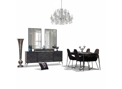 Set da pranzo di lusso Tavolo + 6 sedie + Vetrina con 2 specchi 10 pezzi