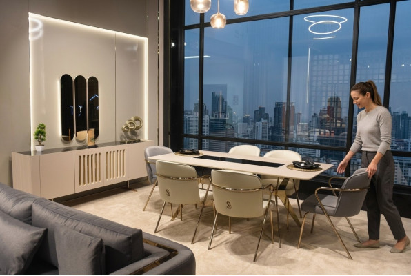 Set da pranzo di lusso con tavolo da pranzo + 6 sedie + credenza con specchio