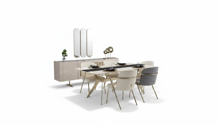 Set da pranzo di lusso con tavolo da pranzo + 6 sedie + credenza con specchio