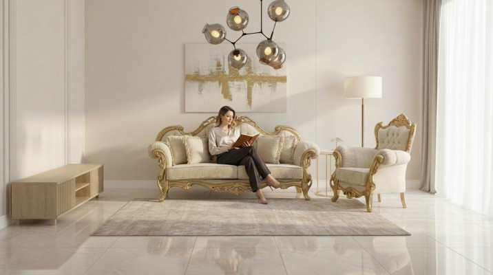 Divano e poltrona Chesterfield beige, in design di lusso di alta qualità.