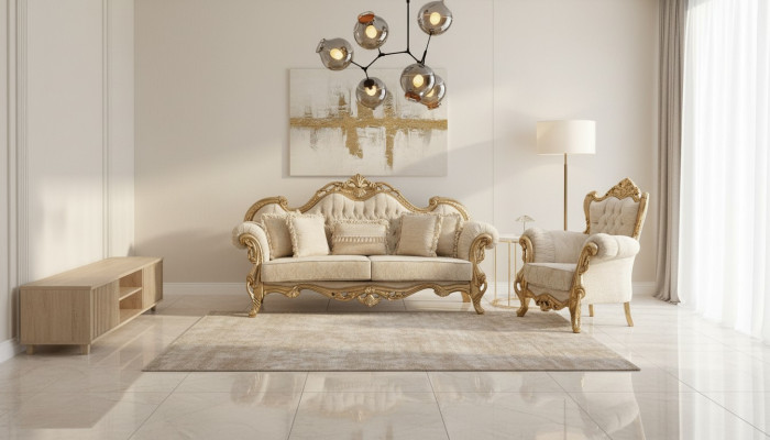 Divano e poltrona Chesterfield beige, in design di lusso di alta qualità.