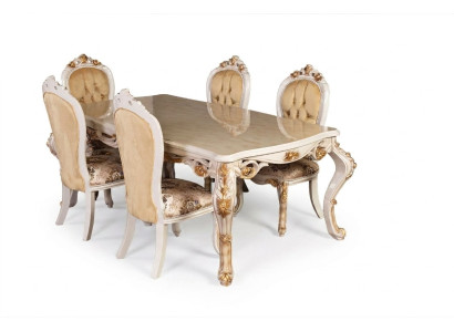 Mobili classici da sala da pranzo beige, tavolo da pranzo design con sedie imbottite Chesterfield.