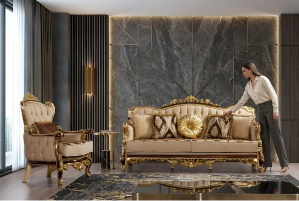 Divano di lusso beige, set di divani poltrona 3+1 posti in stoffa design.