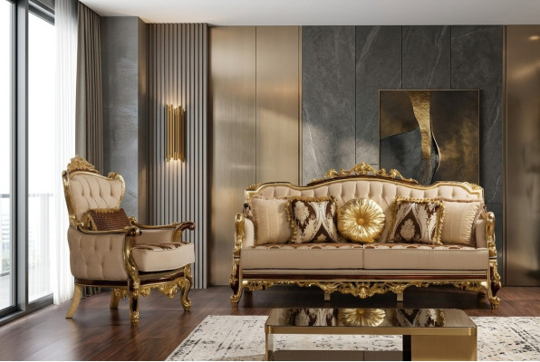 Divano di lusso beige, set di divani poltrona 3+1 posti in stoffa design.