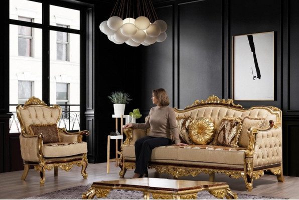 Salotto Couch Barocco Rokoko Tessuto Chesterfield Divano Tavolo 3 pezzi.