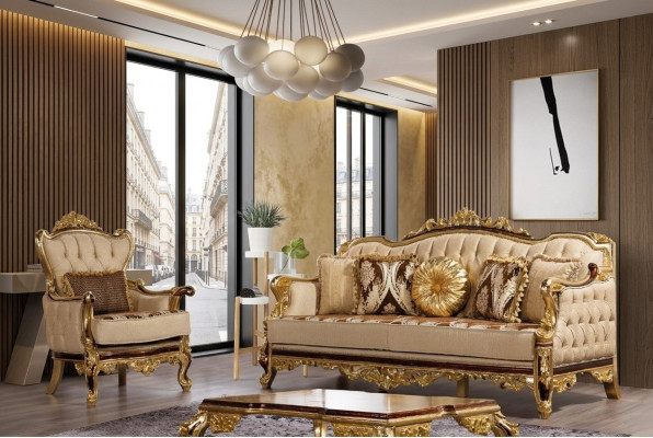 Salotto Couch Barocco Rokoko Tessuto Chesterfield Divano Tavolo 3 pezzi.
