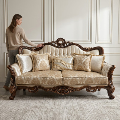 Chesterfield divano barocco a tre posti in stile barocco in tessuto dorato.