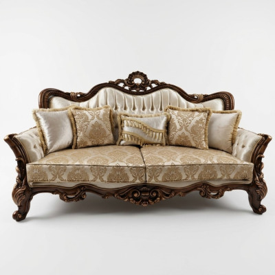 Chesterfield divano barocco a tre posti in stile barocco in tessuto dorato.