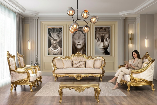 Set di divani in stile Chesterfield Barocco con 5 pezzi e tavolino da salotto in oro.