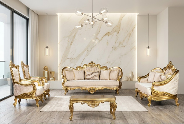 Set di divani in stile Chesterfield Barocco con 5 pezzi e tavolino da salotto in oro.