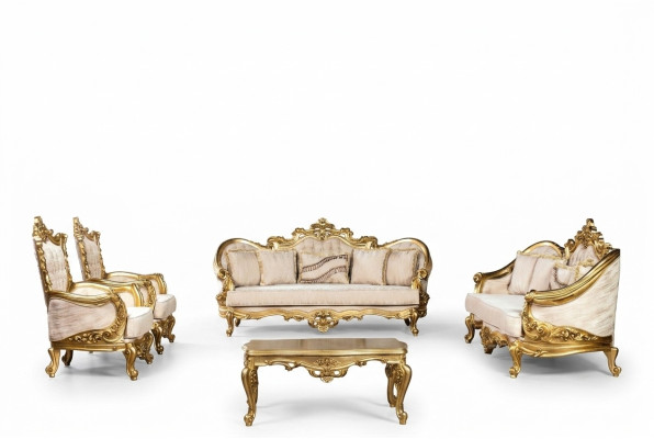 Set di divani in stile Chesterfield Barocco con 5 pezzi e tavolino da salotto in oro.