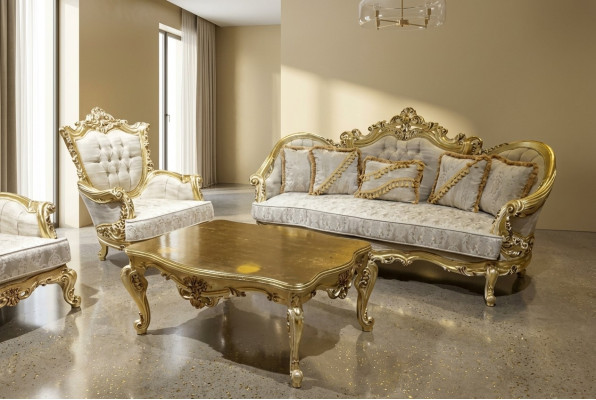 Set di divani 3+1 posti, tavolino da caffè dorato di lusso, soggiorno 3 pezzi.