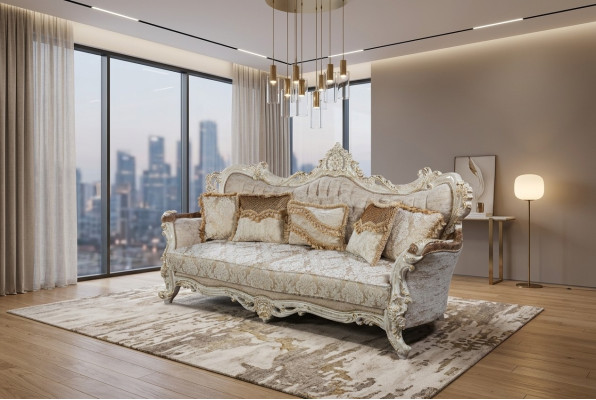 Chesterfield barocco divano a tre posti in tessuto oro.