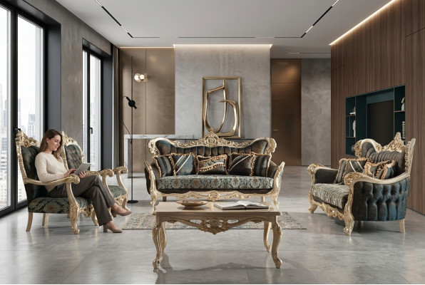 Divano Divano Barocco Rococò Set Tavolino Turchese 5 pezzi Oro