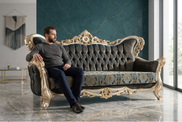 Barocco Divano Chesterfield a tre posti, in tessuto dorato.
