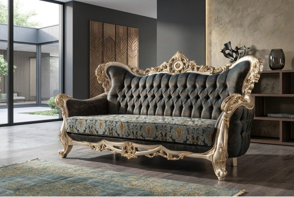 Barocco Divano Chesterfield a tre posti, in tessuto dorato.
