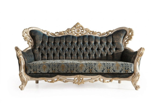 Barocco Divano Chesterfield a tre posti, in tessuto dorato.