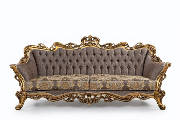 Divano Chesterfield classico a tre posti con cornice dorata.