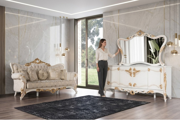 Divano a tre posti in tessuto con set di mobili per il soggiorno con credenza 3 pezzi.