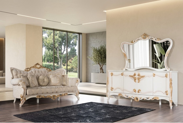 Divano a tre posti in tessuto con set di mobili per il soggiorno con credenza 3 pezzi.