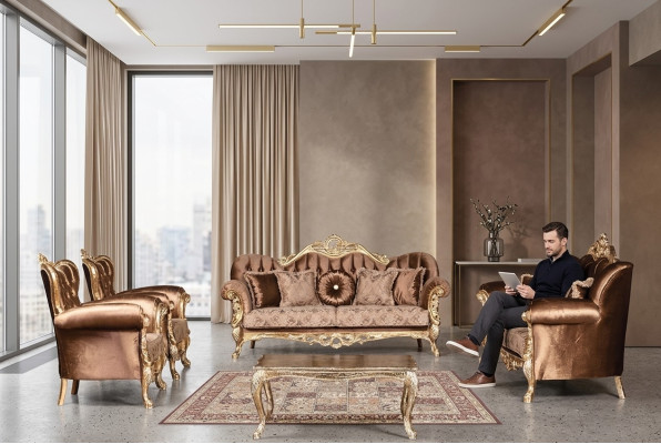 Set di divani in velluto dorato Chesterfield, 5 pezzi in legno.