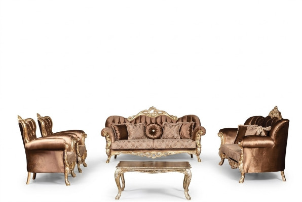 Set di divani in velluto dorato Chesterfield, 5 pezzi in legno.