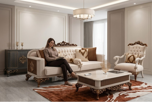 Divano Chesterfield barocco a tre posti in stile Barocco in tessuto dorato.