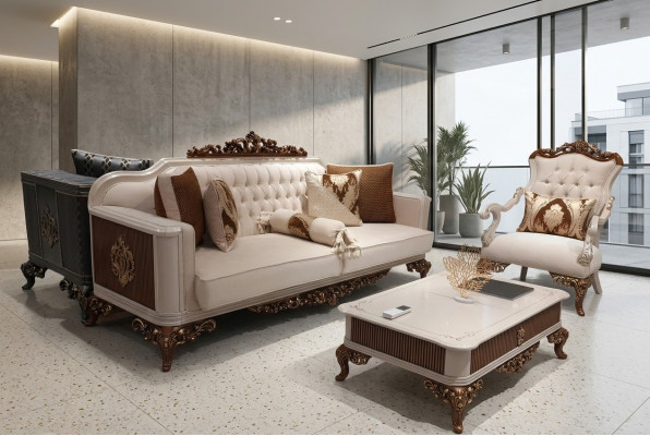 Divano Chesterfield barocco a tre posti in stile Barocco in tessuto dorato.
