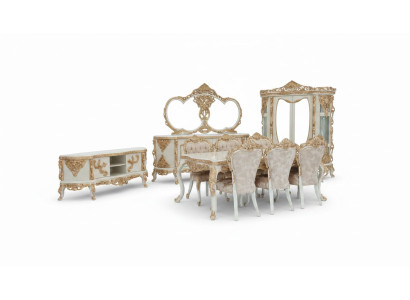 Magnifico set completo di mobili per sala da pranzo con abbondanti elementi decorativi.