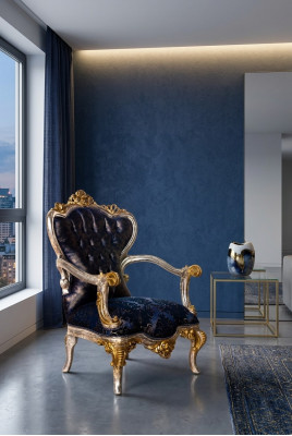 Sedia di lusso, poltrona classica, poltrona trono, barocco velluto blu oro.