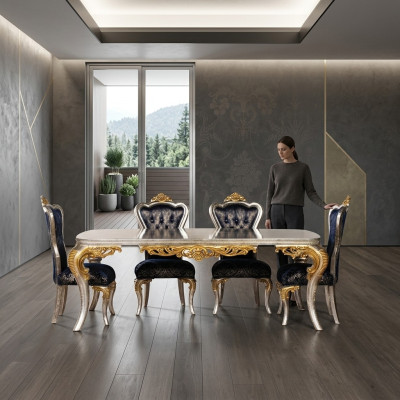 Set da pranzo in oro squisito: tavolo da pranzo con x4 sedie Chesterfield. Mobili di lusso.   Set da pranzo in oro squisito: tavolo da pranzo con x4 sedie Chesterfield. Mobili di lusso.