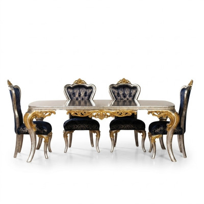Set da pranzo in oro squisito: tavolo da pranzo con x4 sedie Chesterfield. Mobili di lusso.   Set da pranzo in oro squisito: tavolo da pranzo con x4 sedie Chesterfield. Mobili di lusso.