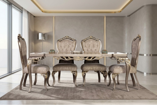Sedie di lusso Chesterfield marroni, tavolo da pranzo di design, mobili esclusivi per la sala da pranzo.