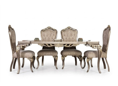 Sedie di lusso Chesterfield marroni, tavolo da pranzo di design, mobili esclusivi per la sala da pranzo.