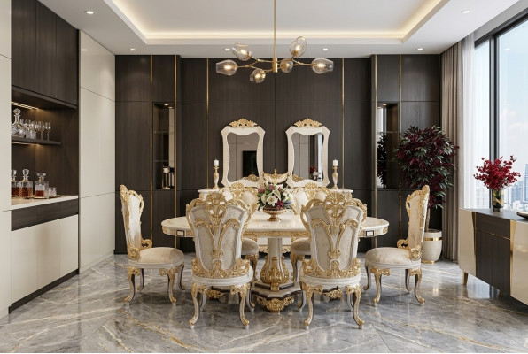 Mobili lussuosi Divano Tavolo da pranzo Barocco Set per sala da pranzo Gruppo Tavolo + 6 sedie