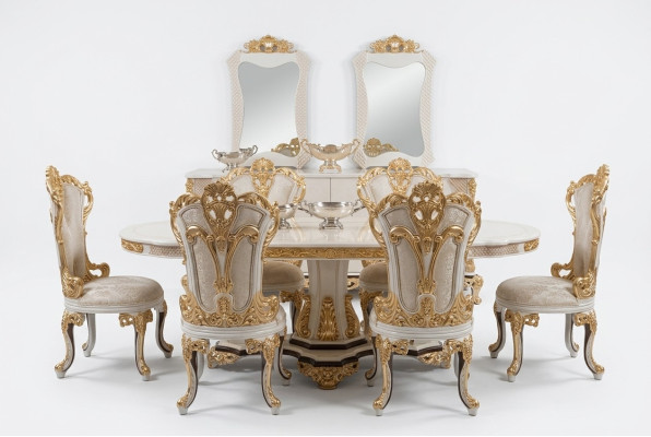 Mobili lussuosi Divano Tavolo da pranzo Barocco Set per sala da pranzo Gruppo Tavolo + 6 sedie
