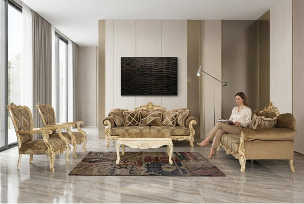 Esclusivo set di divani in colore beige in stile barocco-rococò 3 + 3 + 1 + 1 + tavolino.