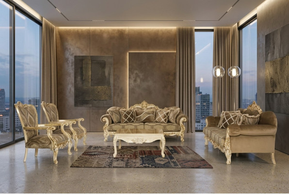 Esclusivo set di divani in colore beige in stile barocco-rococò 3 + 3 + 1 + 1 + tavolino.