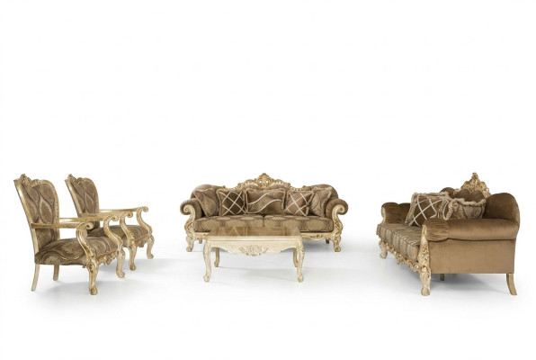Esclusivo set di divani in colore beige in stile barocco-rococò 3 + 3 + 1 + 1 + tavolino.