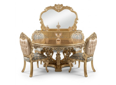 Tavolo da pranzo rotondo dorato con set da pranzo, tavolo, 4 sedie, credenza, 6 pezzi. Nuovo.