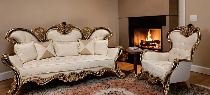 Poltrona Chesterfield 3 posti + 1 posto + tavolino in legno barocco rococò