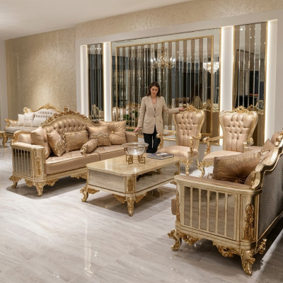 Classico Barocco Rococò Chesterfield Set 5 Pezzi Tavolino Beige Divano Mobili