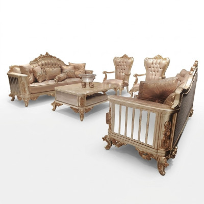 Classico Barocco Rococò Chesterfield Set 5 Pezzi Tavolino Beige Divano Mobili