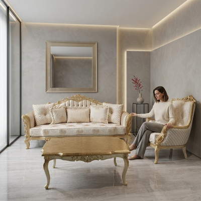 Divano 3 posti + 1 poltrona tavolo con gambe intagliate set di divani 3 pezzi.