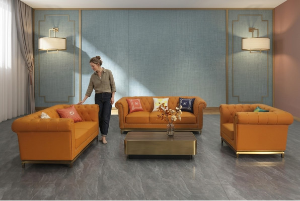 Chesterfield set divano soggiorno divano lussuoso 3+2+1 arancione nuovo