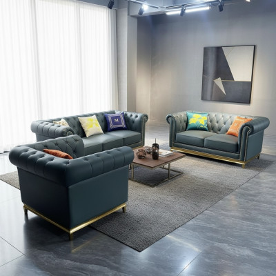 Set di divani Chesterfield per il soggiorno, composto da divano, divano a due posti e poltrona, gruppo di lusso, nuovo.